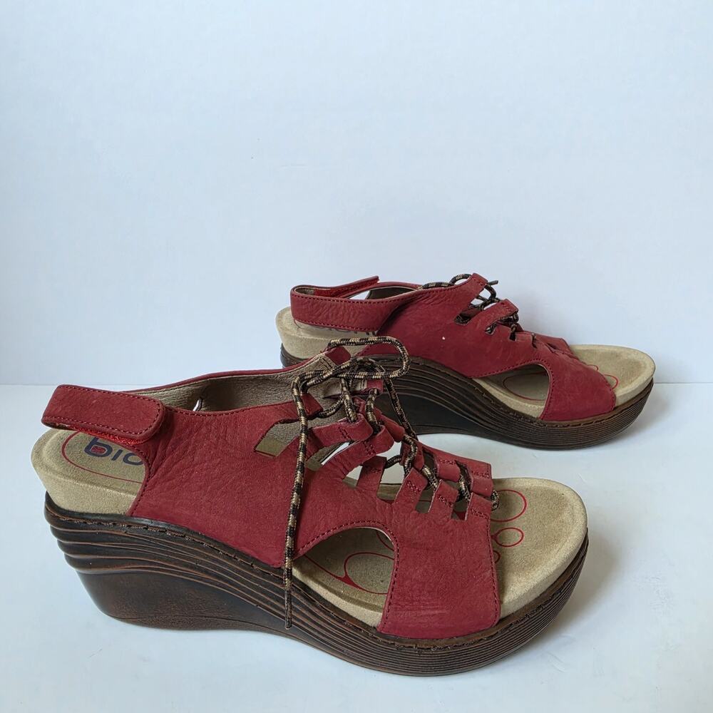 Bionica Sandals Womens Size 9M Red Leather Wedge Sirus Lace Up Comfort Platform